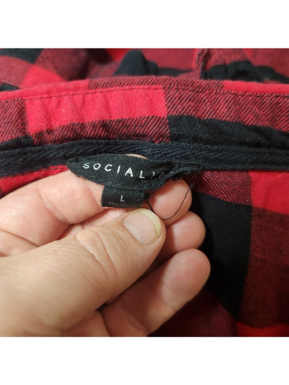 Socialite Red Black Buffalo Plaid Flannel Button Front Top Shirt Blouse LARGE - Picture 6 of 6